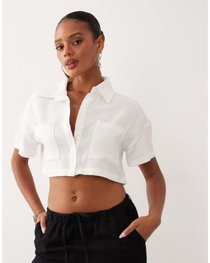 Missy Empire Missy Empire Linen Blend Pocket Front Oversized Sleeve Cropped Shirt - White
