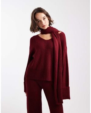 4th & Reckless Ribbed Knitted Deep Cuff V Neck Scarf Detail Sweater Co-ord - Red