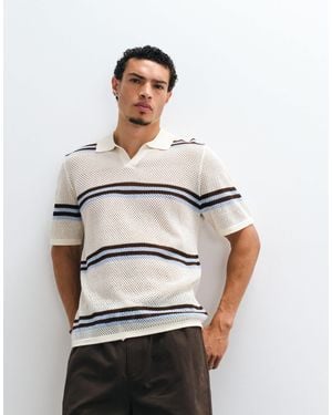 ASOS Relaxed Open Knitted Striped Notch Neck Polo - White