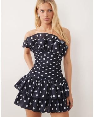 ASOS Structured Frill Mini Dress With Ruched Bodice - Blue