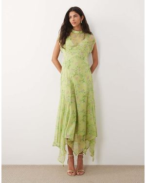 ASOS High Neck Handkerchief Hem Chiffon Maxi Dress - Green