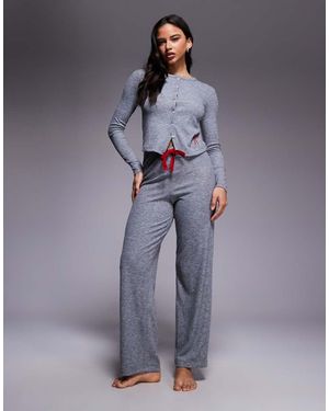 River Island Button Down Bow Detail Pyjama Set - Blue