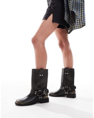 ASOS Wide Fit Arley Flat Biker Boots - Black