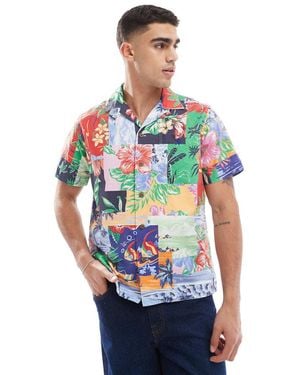 Polo Ralph Lauren Short Sleeve Revere Collar Beach Patchwork Print Oxford Shirt Classic Oversized - Blue