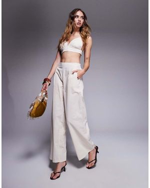 Missy Empire Pantalones De Pernera Ancha Con Cintura Elástica De Tejido Efecto Lino De Missy Empire (Parte De Un Conjunto)-Blanco - Gris
