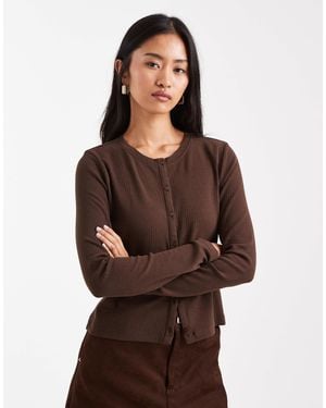 Threadbare Button Up Long Sleeve Jersey Top - Brown