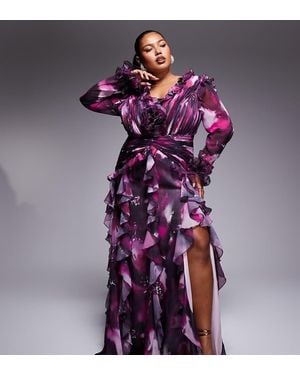 ASOS Curve Organza Long Sleeve Exaggerated Ruffle Maxi Dress - Purple