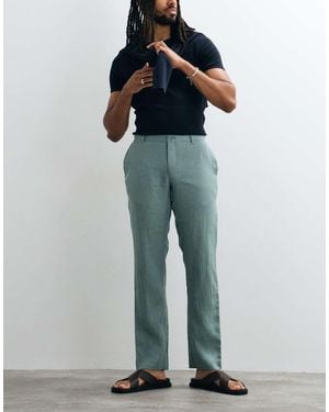 Mango Pantaloni Dritti 100% Lino Menta - Blu