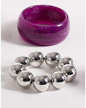 Reclaimed Vintage Pack De 2 Pulseras Rígidas De Color Morado Y Plateado De Cuentas Grandes De