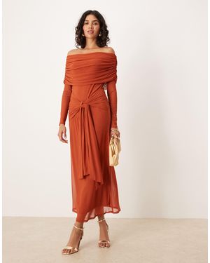 ASOS Bardot Long Sleeve Tie Front Midi - Red