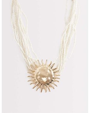 South Beach Collana Con Perline E Ciondolo A Forma Di Sole Dorato - Bianco