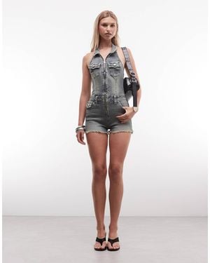 TRUE RELIGION Jennie Denim Zip Up Halterneck Romper - Multicolour