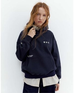 Pull&Bear Hoodie With Embroidered Graphic - Blue