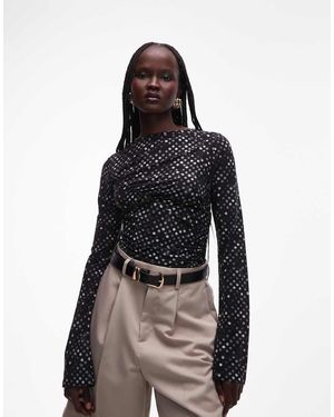 Weekday Sheer Mesh Gathered Polka Dot Top - Black