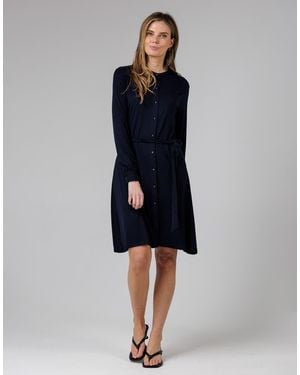 French Connection Cotton Stretch Grandad Collar Long Balloon Sleeve Button Self-Tie Midi Dress - Blue