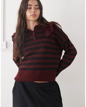 Noisy May Henley Knit Sweater With Peter Pan Collar - Brown