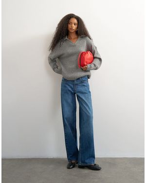 TOPSHOP Gestrickter polo-pullover mit kragen und abgerundetem saum aus wolle - Blau