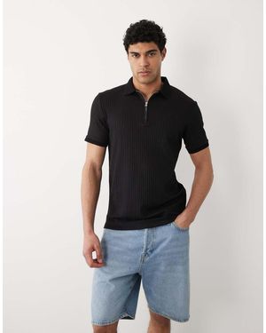 SELECTED Camicia Nera A Coste Con Colletto Stile Polo E Zip Corta - Nero