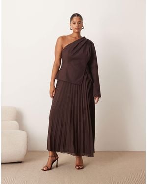 ARRANGE Curve Sculpted One Shoulder Maxi Dress With Micro Pleat Hem - Brown