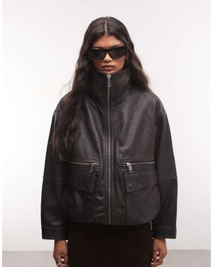 AllSaints Elisa Leren Jack Met Opstaande Boord En Rits, /Bruin - Zwart
