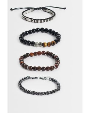 ASOS Pack De 4 Pulseras De Cuentas Negras Y Ojo De Tigre Sintético Con Cadena En Metalizada-Plateado - Blanco