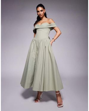 Lavish Alice Off Shoulder Lace Up Cotton Sundress - Grey
