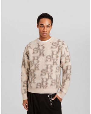 Bershka Monogram Knitted Jumper - Natural