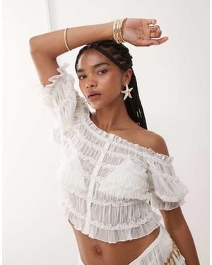 Miss Selfridge Top Playero Abotonado Y Fruncido Con Escote Bardot De Tejido Transparente De -Blanco