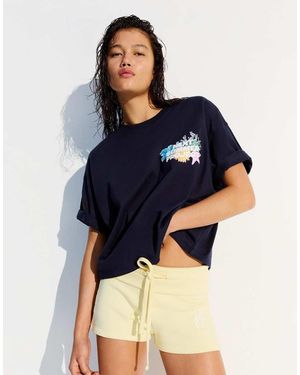 Bershka Oversize Short Sleeve Print T-Shirt - Blue