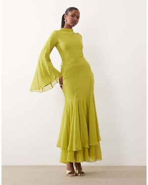 ASOS Long Sleeve High Neck Maxi Dress With Ruffle Godets And Flute Sleeves - Yellow
