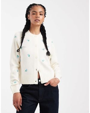 Threadbare Contrast Stitch Cardigan With All Over Floral Embroidery - White