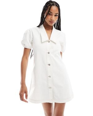 ASOS Denim Mini Dress With Collar And Puff Sleeves - White