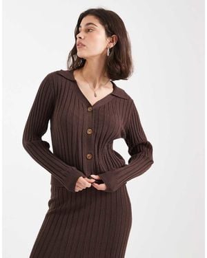 Object Rib Knitted Button Front Polo Co-Ord - Brown