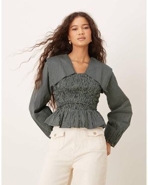 Neon Rose Oversized Collared Striped Shirred Long Sleeve Top - Blue
