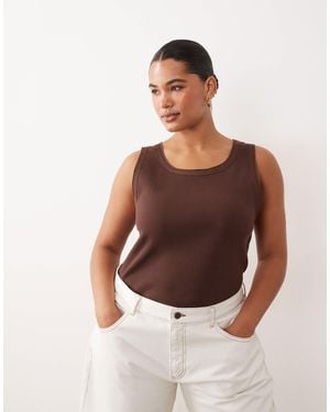 ARRANGE Curve Ribbed Tank Top With Raw Cotton Trim Chocolate - Brown