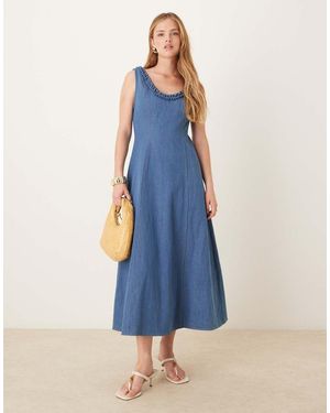 Ghospell Denim Ruffle Midaxi Dress - Blue