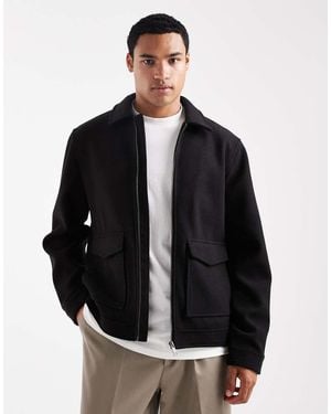 Threadbare Chaqueta Negra Con Cremallera Delantera Y Cuello De Solapas De Tejido Efecto Lana De - Negro