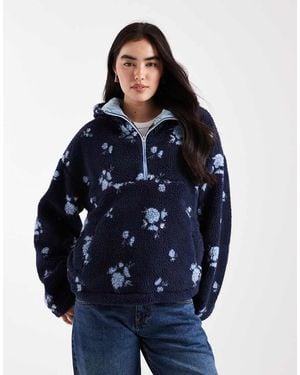 Daisy Street 3/4 Zip Up Floral Print Borg Coat - Blue