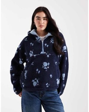 Daisy Street Abrigo Azul Marino Con Estampado De Florecitas Y Cremallera Corta De Borreguito De