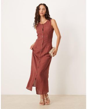 Vila Vestito Midi Color Henné Bruciato A Quadri Con Bottoni Sul Davanti - Rosso