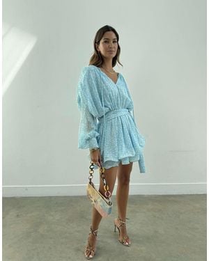 Never Fully Dressed Ella Tiered Ruffle Tie Waist Balloon Sleeve Mini Dress - Green