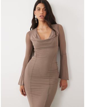 ASOS Mesh Angel Sleeve Lace Up Back Long Sleeve Midi Dress - Brown