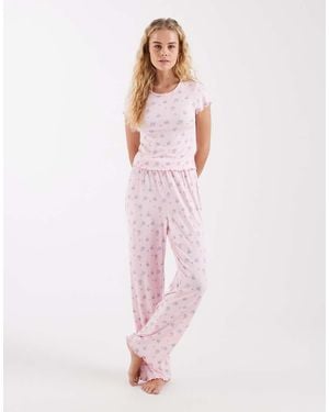 Loungeable Ribbed Jersey Top And Trouser Pyjama Set - Pink