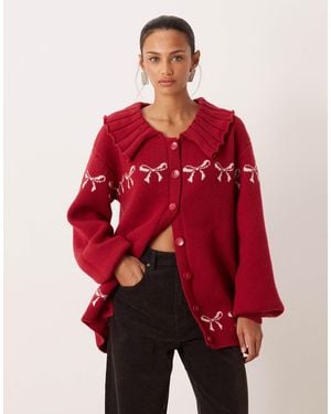 For Love & Lemons Bow Intarsia Knitted Oversized Cardigan With Ribbed Collar - Red