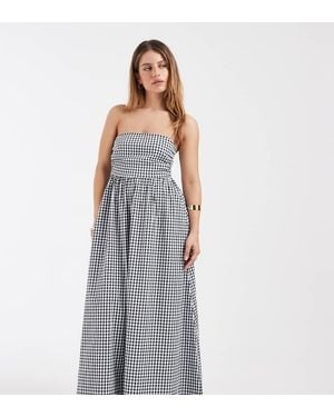 Vero Moda Vestido Midi A Cuadros Vichy Negros Y Blancos Con Falda De Corte Amplio Y Escote Palabra De Honor De - Gris