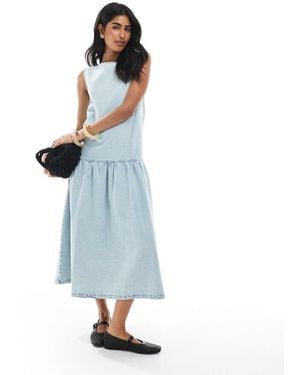 ASOS Denim Sleeveless Midi Dress With Drop Waist - Blue