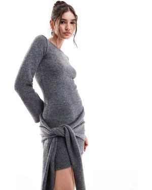 4th & Reckless Knitted Wide Sleeve Knot Detail Mini Sweater Dress - Gray