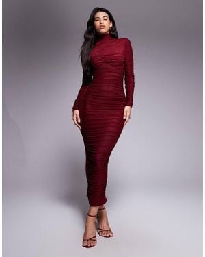 Ruched & Ready Vestido Largo Ajustado Con Cuello Alto Y Diseño Moldeador De Malla Semitransparente It Girl De -Rojo
