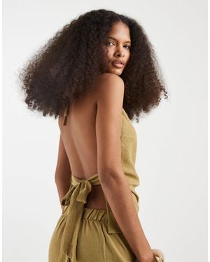 Vero Moda Linen Look Cowl Neck Halter Top Co-ord - Brown