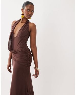 ASOS Halter Maxi Dress With Draped Sash Detail In - Brown